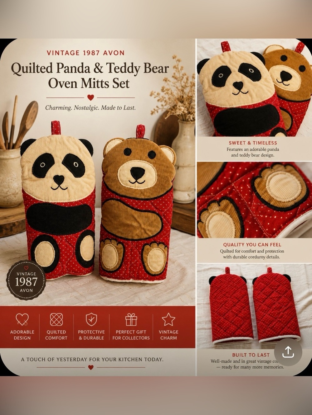 Vintage 1987 Avon Quilted Panda & Teddy Bear Oven Mitts Set Corduroy Novelty